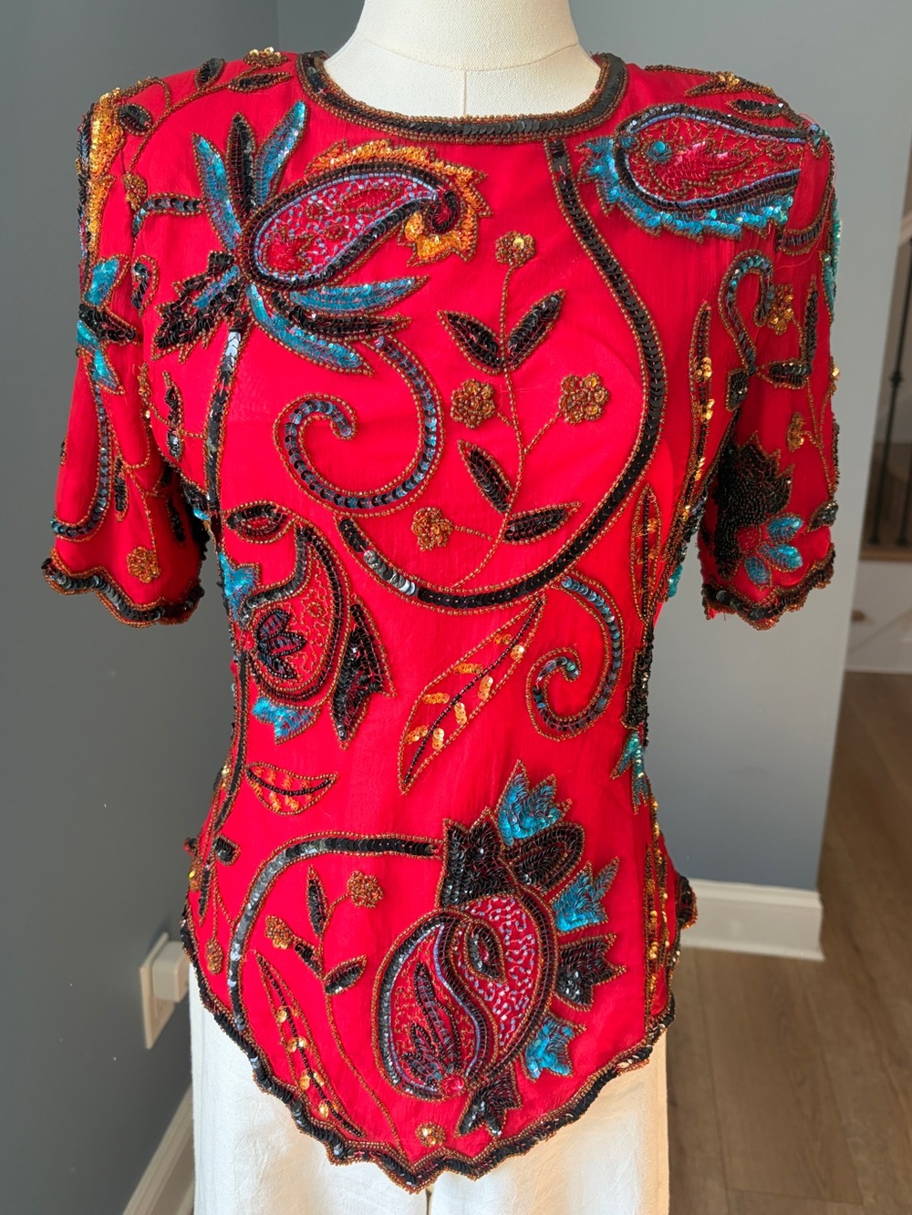 Vintage Laurence Kazar Red Silk Beaded Sequin Paisley Blouse Top Size Small